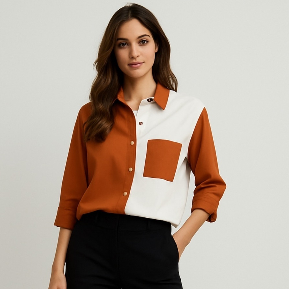 SHEIN Colorblock Button Down Shirt S Orange White Long Sleeve Casual. Mt51